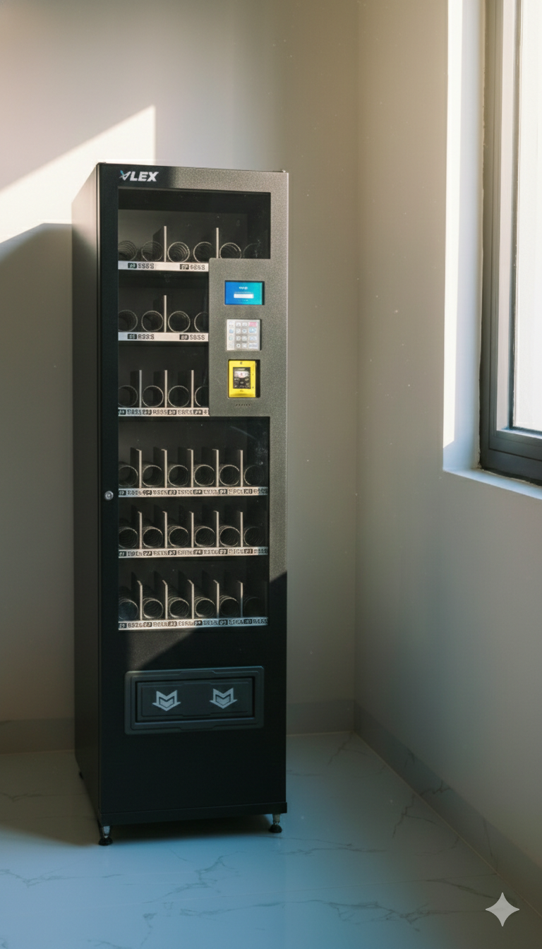 A render of three white cylindrical columns, against a warm creme background
